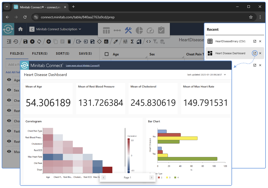 Minitab Connect Recent taskpane